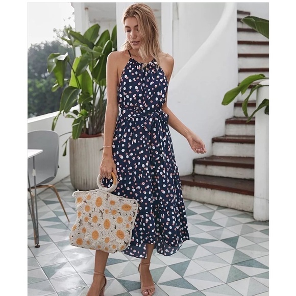 TheDressBluePrint Dresses & Skirts - Summer Polka-Dot Long Dress Beach Strapless Casual White Midi Vacation blue